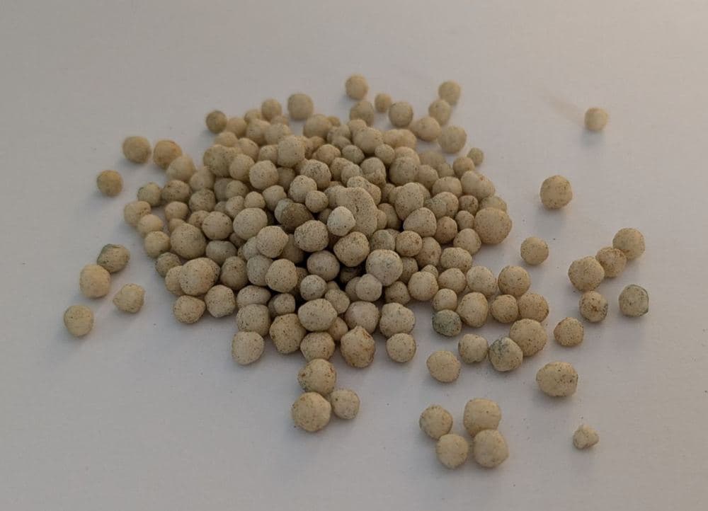 Cream-coloured fertiliser pellets (calcium ammonium nitrate) on a pale surface
